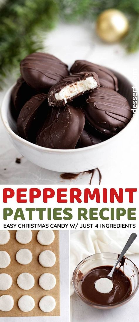 Peppermint Patties are sweet and minty peppermint discs coated in chocolate, and incredibly EASY to make with only 4 ingredients! A perfect Christmas dessert! How To Make Peppermint Patties, No Bake Christmas Peppermint Patties, 4 Ingredient Peppermint Patties, Homemade York Peppermint Patties, Home Made Peppermint Patties, Peppermint Patties Recipe Easy, York Peppermint Patty Recipes, Peppermint Patties Recipe, Peppermint Patty Recipe