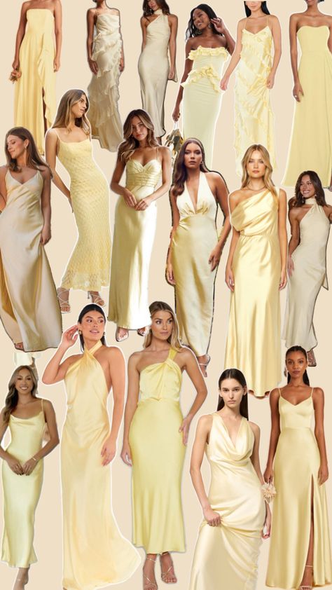 Rachel Yellow Dress, Bridesmaid Mood Board, Yellow And Blue Bridesmaid Dresses, Butter Yellow Bridesmaid Dresses, Yellow Bridesmaid Dresses Mismatched, Light Yellow Bridesmaid Dresses, Capricorn Wedding, Pastel Yellow Bridesmaid Dresses, Pale Yellow Bridesmaid Dresses