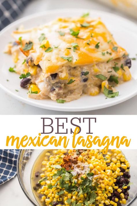 If you're a fan of Mexican food, you'll LOVE this Mexican Lasagna recipe! Flour tortillas layered with tons of cheese, shredded chicken, las palmas green chile enchilada sauce, black beans, corn, and lots of seasonings!! #mexicanlasagna #mexicanfood #mexicanlayeredcasserole #casserole #lasagna Mexican Lasagna With Tortillas, December Meals, Mexican Lasagne, Casserole Lasagna, Lasagna Recipe Videos, Mexican Lasagna Recipe, Enchilada Lasagna, Chicken Lasagne, Mexican Lasagna Recipes