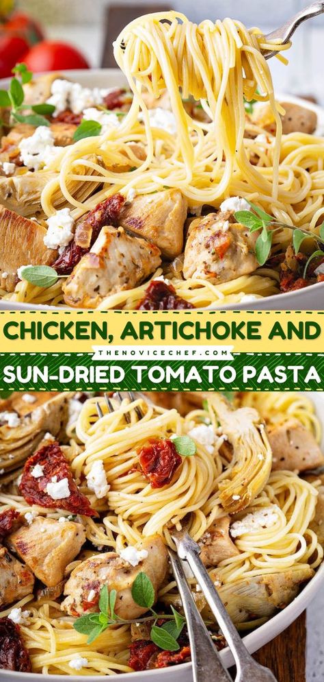 Chicken Artichoke Recipes, Chicken Artichoke Pasta, Artichoke Heart Recipes, Chicken Artichoke, Sundried Tomato Chicken, Sun Dried Tomato Pasta, Sundried Tomato Pasta, Novice Chef, Artichoke Pasta