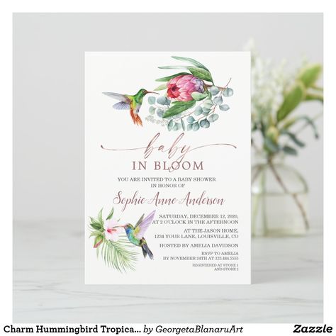 Hummingbird Invitations, Hummingbird Baby Shower Theme, Baby In Bloom Invitation, Hummingbird Wedding, Bird Baby Shower, Watercolor Hummingbird, Tropical Baby Shower, Baby In Bloom, Baby Shower Flowers