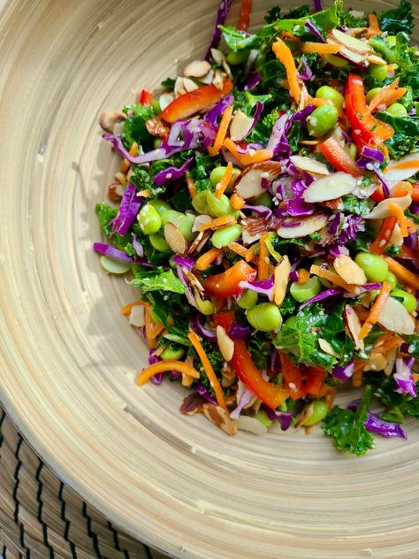 Edamame Kale Slaw with Orange Sesame Dressing - Ugly Vegan Kitchen Recipe With Edamame, Kale Slaw Recipe, Asian Kale, Farm Meals, Edamame Recipes, Kale Slaw, Julienned Carrots, Slaw Recipe, Sesame Dressing