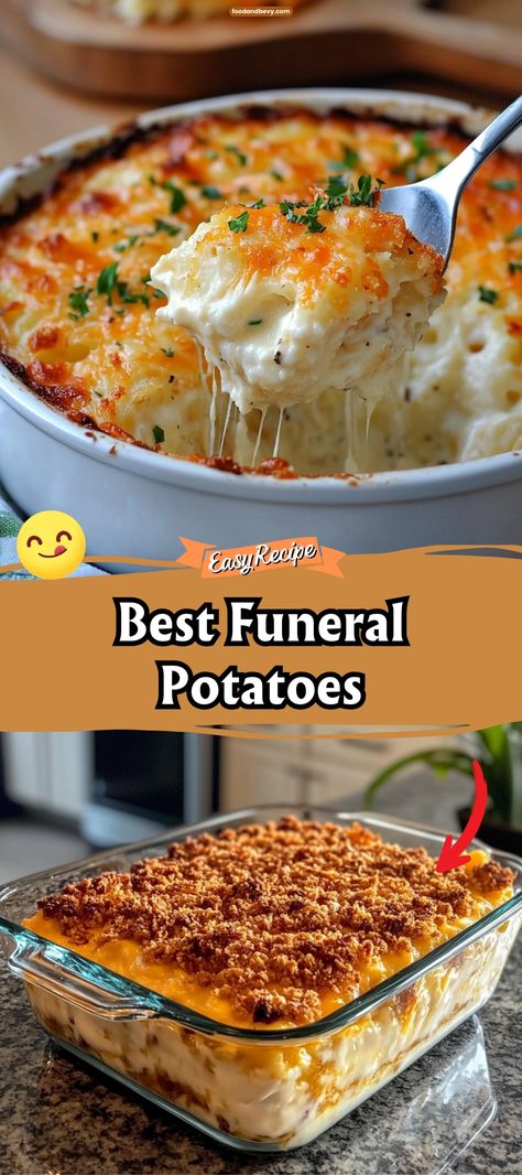 Funeral Potatoes are a comforting casserole made with creamy hash browns, sour cream, cheese, and a crunchy cornflake or breadcrumb topping. This beloved dish is a staple at gatherings and provides solace and satisfaction in every creamy, cheesy bite. #FuneralPotatoes #ComfortFood #CasseroleFavorites Potato Cornflake Casserole, Potato Casseroles For Brunch, Potatoes Dishes Recipes, Bag Of Potatoes Recipes, Potato Broccoli Casserole Recipes, Creamy Cheesy Potatoes Casserole, Southern Potato Casserole, Easiest Casserole Recipes, Baked Cheesy Hashbrown Casserole