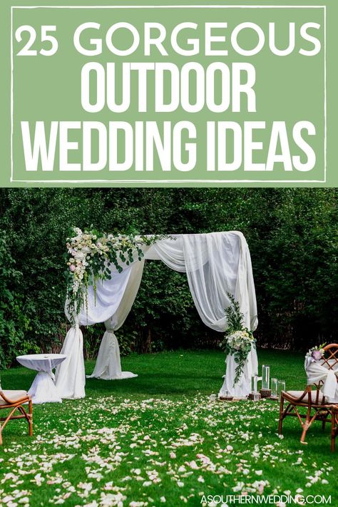 Outdoor weddings are extremely popular. We've rounded up our favorite outdoor wedding ideas for ceremonies, receptions, and everything in between to give you the inspiration you need for your big day! #outdoorweddingceremony #outdoorweddingceremonyarch #outdoorwedding #outdoorweddingreception #outdoorweddingcocktailhour #outdoorweddingbar #outdoorweddingdecor #outdoorweddingdecorations Outdoor Wedding Party Ideas, Wedding Ceremony Setup Outdoor, Gazebo Decorating Ideas Wedding, Small Outdoor Wedding Reception, Simple Outdoor Wedding Decor, Wedding Gazebo Decorations Outdoor, July Outdoor Wedding, Wedding Gazebo Ideas, Wedding Arch Ideas Outdoor