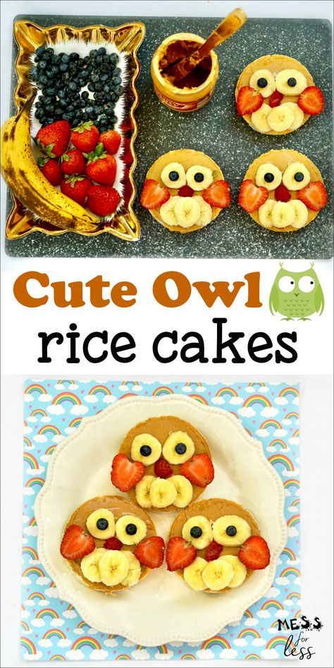 Peanut Butter Rice Cake, Rice Cakes With Peanut Butter, Cakes With Peanut Butter, Preschool Recipes, Rice Cakes Recipe, Owl Snacks, Rice Cake Snacks, Owl Babies, Culinary Lessons