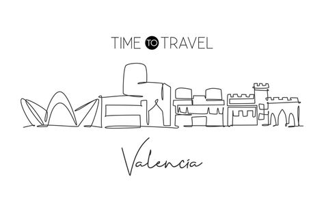 One Continuous Line Drawing, World Landscape, Valencia City, Travel Wall Decor, Vacation Scrapbook, Single Line Drawing, Continuous Line Drawing, Travel Wall, Single Line