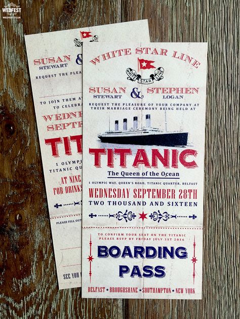 Titanic ticket wedding invitation Titanic Themed Wedding, Titanic Ticket, Titanic Prom, Titanic Wedding, Titanic Cake, Titanic Birthday, Titanic Party, Alternative Wedding Invitations, Cruise Tickets