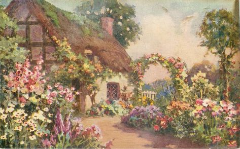 garden in front of thatched cottage, path leading past open door with orange roses above, towards arch with roses above, tree to far right - TuckDB Postcards Cottage Path, Cottage Illustration, Art Scenery, Enchanted Cottage, Dream Country, Cottage Prints, English Cottages, Cottage Painting, Arte Indie