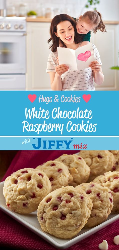 Keep those who are close a little closer, with White Chocolate Raspberry Cookies made with “JIFFY” Raspberry Muffin Mix. Hugs & Cookies ❤ Perfect for sharing! Cookies From Muffin Mix Recipes, Raspberry Chocolate Chip Muffins, White Chocolate Raspberry Cookies, Raspberry Chocolate Chip Cookies, Chocolate Chip Muffin Mix, Chocolate Raspberry Cookies, Hugs Cookies, Raspberry White Chocolate Cookies, Raspberry Cookie Recipes