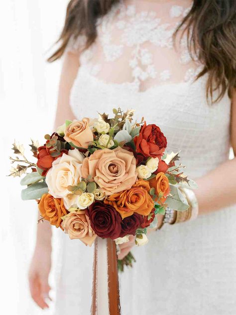 Burnt Orange Bridal Bouquet, Orange Rose Bouquet, Orange Peonies, Orange Bridal Bouquet, Orange Wedding Bouquet, Roses Orange, Orange Bouquets, Burnt Orange Weddings, Arrangement Ideas