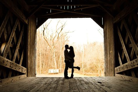 Covered Bridge Photo, Silhouette Photo, Romantic Silhouette, Fall Engagement Pictures, Fall Portraits, Bridge Photography, Engagement Pictures Poses, Silhouette Photos, Engagement Photos Fall