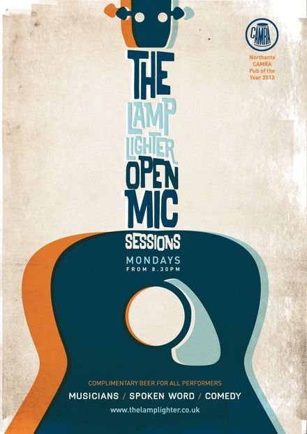 Music Typography Design, Open Now Poster, Music Graphic Design Poster, Music Poster Design Ideas, Open Mic Poster, Guitar Graphic Design, U2 Poster, Music Font, Poster Guitar