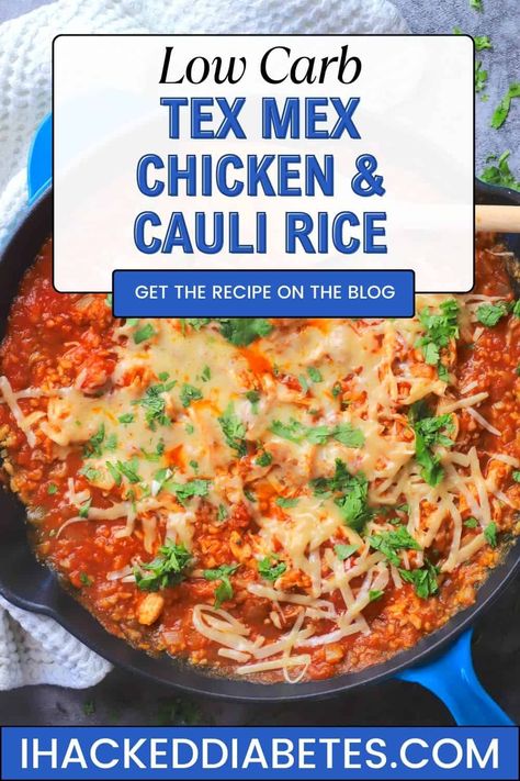 Low Carb Tex-Mex Chicken and Cauliflower Rice Chicken And Cauliflower Rice Recipes, Recipes With Diced Tomatoes, Chicken And Cauliflower Rice, Volume Eating, Chicken And Cauliflower, Cauliflower Alfredo Sauce, Cauliflower Rice Recipe, Chicken Marinara, Green Chili Sauce