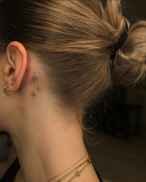 13 Clever Spots For A Hidden Tattoo Star Tattoos Behind Ear, Sparkle Tattoo, Behind Ear Tattoos, Tattoo Spots, Neck Tattoos Women, Back Of Neck Tattoo, Star Tattoo, Discreet Tattoos, Dainty Tattoos