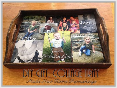 Every year I try to do at least a few homemade gifts. I think it is more meaningful and it typically helps our Christmas shopping budget. I was so excited with… Wood Coasters Diy Pictures, Trays Made From Picture Frames, Serving Tray From Picture Frame, Picture In Wood Diy Photo Transfer, Photo Tray, Gift Collage, Hang Photos, Picture Frame Tray, Diy Tables