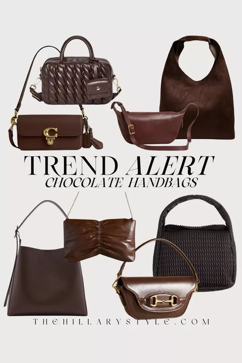 Trend Alert: Chocolate Handbag. Rich browns are trending for Fall in every handbag shape and style. Shoulder bag, tote bag, quilted bag, sling bag, purse, mini bag, crossbody bag, leather handbag, brown bag, brown handbag. Nordstrom, Maxwell, Coach, Target, Banana Republic, Anthropologie, H&M Trending Leather Bags, Brown Leather Shoulder Bag, Brown Purses, Brown Handbag, Brown Bags, Quilted Bag, Sling Bag, Coach Bags, Cloth Bags