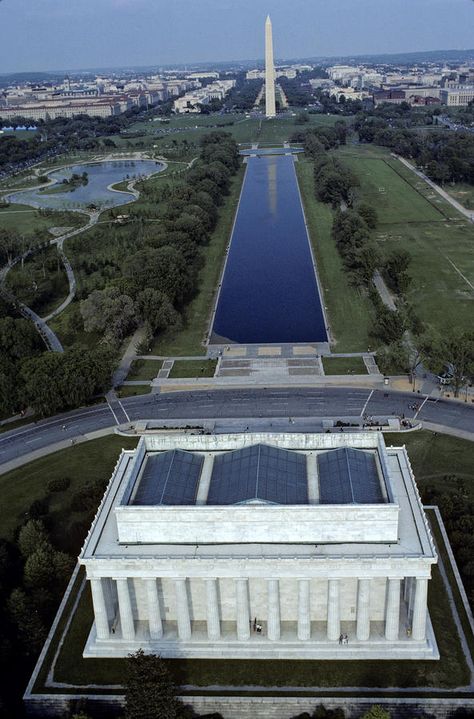 Aerial view of the Lincoln Memorial, Reflecting Pool and Washington Monument, Washington, DC Washington Dc Travel, Dc Travel, Lincoln Memorial, Washington Monument, National Mall, Birds Eye View, Birds Eye, Places Around The World, Aerial View