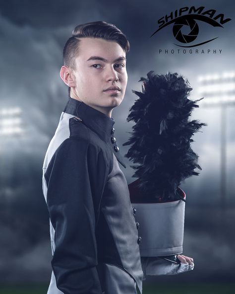 Custom composite of a marching band member with digital stadium background. www.shipmanphotos.com Marching Band Pictures, Band Senior Pictures, Stadium Background, Band Banners, Band Photoshoot, Senior Photography Poses, Senior Boy Poses, Student Photo, Photoshop Ideas