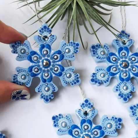 Personalized Hand Painted Light Blue and Silver Mandala Wooden Snowflakes Christmas Tree Ornaments Embelished with Gems and Resin Finish | One of a Kind by 'EvArtes ©️ | #christmasornaments #christmasgifts #mandalaornament #snowflakeornament #MiniSnowflakes #blueandsilver #winter #MiniMandalaArt #Christmasdecor #Christmas2024 #stockingstuffers #giftidea #christmastree #StockingFillers #familygifts #snowflowersign #winter #garland #gifttags #mandalapendant #hangingdecor #etsygifts #woodenbaubles Painted Wooden Snowflakes, Christmas Resin Ornaments, Mandala Christmas Ornaments, Festival Tree, Mini Snowflakes, Painted Snowflakes, Dot By Dot, Mandala Ornaments, Mandala Dot Painting