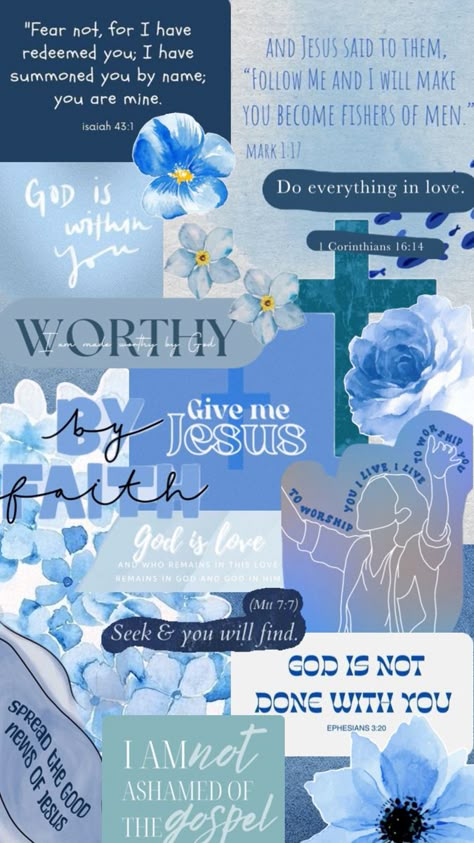 I just felt to create a collage about Jesus with Bible verses and some quotes. I just love to create those Wallpapers #bluewallpaper #wallpaper #collage #jesus # jesuschrist #quotes #bible #bibleverse #foryou #foryouverse #spreadthegospel #jesuslovesyou #blue #blueaesthetic #cross #flower #blueflower Bible Verse Wallpaper Iphone, Blue Bible, Worship Wallpaper, Bible Quotes Background, Bible Wallpaper, Cute Bible Verses, Christian Iphone Wallpaper, Scripture Wallpaper, Quote Collage