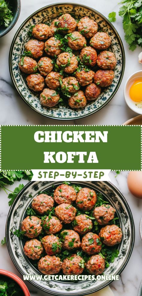 Chicken Kofta – a delicious, healthy chicken meatball dish perfect for easy weeknight dinners. Healthy Meatball Dinner, Dinner Ground Chicken, Chicken Kofta Recipe, Meatball Appetizer Recipes, Meatball Dinner Recipes, Kofta Meatballs, Chicken Parm Meatballs, Chicken Meatballs Healthy, Chicken Kofta