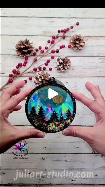 J u l i A r t  S t u d i o on Instagram: "Process and demolding for HOLO Bauble Forest with northern light inspired background. The holo effect really makes it more magical ✨️ 
.
HOLO Bauble Forest Silicone Mold on my website juliart-studio.com. 
.
Resin: @letsresin . Use Affiliate Link in my bio for discount on their website 
.
Glitter: @lrisystore. Use Affiliate Link in my bio for discount on their website 
.
#bauble #processvideo #tutorial #demolding #demoldingresin #northernlights #holographic #resinmold #christmasornaments" Northern Light, Resin Molds, Silicone Mold, Resin Crafts, Resin Art, My Website, Silicone Molds, Art Projects, Northern Lights