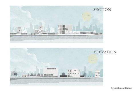 Section And Elevation Architecture, Rendered Section Architecture Photoshop, Site Elevation Architecture, Section Rendering Architecture, Architecture Sheet Design, Site Section Architecture, Architecture Section Render, Elevation Presentation, Site Elevation