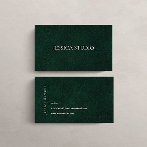 Editable business card template on Canva for free! Calling Card Aesthetic, Emerald Green Business Cards, Aesthetic Visiting Card, Dark Green Business Card, Corporate Visiting Card, Luxury Real Estate Business Cards, Sleek Business Cards, Emerald Green Branding, Law Business Card