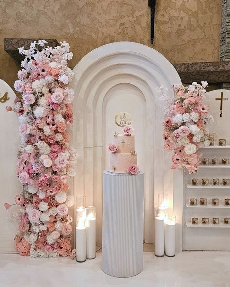 A dreamy baptism decor. Let's take a minute to appreciate this beauty. 
Check our Instagram at theroselyns

.
.
.
.
#Baptismdecor #firstcommunion #christening #decor #weddingdecor #eventdecor #eventplanner #eventdesign #events #eventplanning #weddingdecor #wedding #weddingplanner #balloons #partyplanner #babyshower #eventmanagement #partydecor #wedding #weddinginspiration  #partydecorations #eventstylist #eventplanners #balloondecor Girl Christening Decorations, Pink And White Decor, Girl Baptism Party, Baby Shower Gender Reveal Cake, Baptism Decorations Girl, Baptism Themes, Garland Of Flowers, Baptism Decor, Butterfly Baby Shower Theme