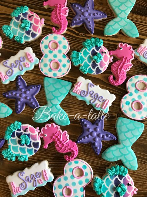 Happy Birthday Cookies, Lila Party, Mermaid Cookies, Happy Birthday Cookie, Mermaid Theme Birthday Party, Mermaid Birthday Cakes, Ariel Birthday, Sea Birthday Party, Mermaid Theme Party