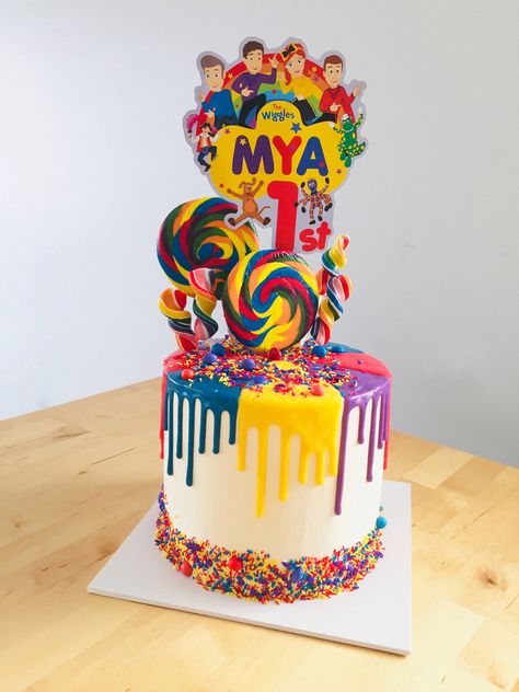 Wiggles Cake Ideas, The Wiggles Birthday Cake, Wiggles First Birthday, The Wiggles Cake, Wiggles Birthday Party, Sprinkle Drip Cake, Wiggles Cake, Second Birthday Cakes, Wiggles Birthday