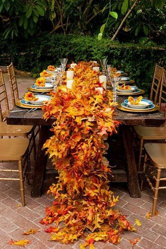 Incredible Ideas For Fall Wedding Decorations ★ fall wedding decorations fall leaves table runner Thanksgiving Decorations Outdoor, Thanksgiving Leaves, Fall Wedding Tables, Thanksgiving Wedding, Thanksgiving Decorations Diy, Wedding Themes Fall, Fall Wedding Centerpieces, Rustic Fall Wedding, Thanksgiving Centerpieces