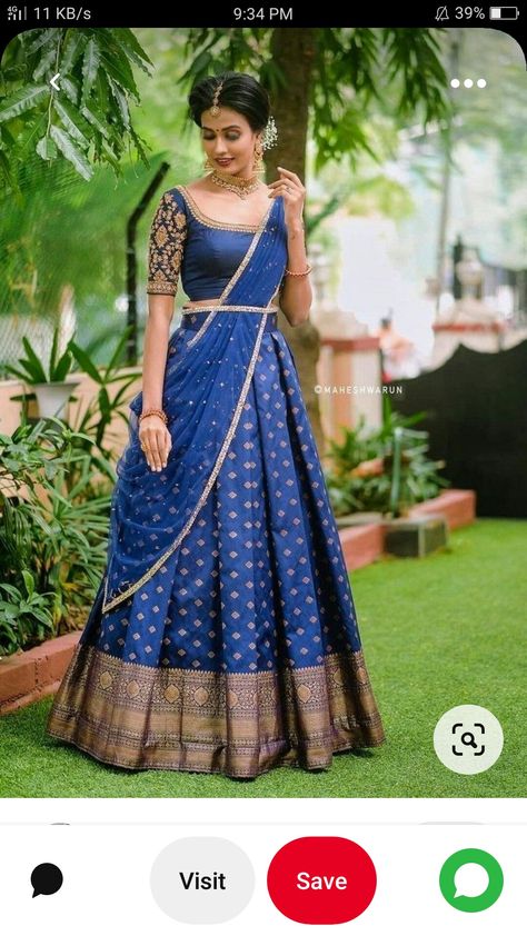 Muhurtham Lehenga, Dark Blue Half Saree Combination, South Indian Pattu Langa, South Indian Lehenga Half Saree Simple, Violet Half Saree Pattu, Navy Blue Half Saree, Lehanga Kerala Style, Royal Blue Half Saree, Dark Blue Half Saree