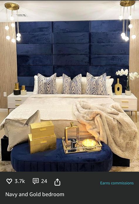 Blue Velvet Headboard, Velvet Bedroom, Upholstered Wall Panels, Upholstered Walls, Gold Bedroom, Meridian Furniture, Furniture Trends, Beautiful Bedrooms, Decoration Design