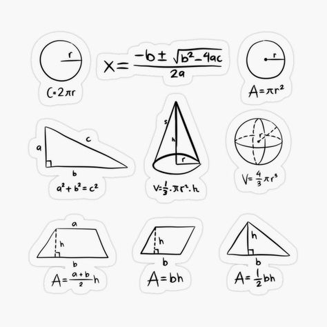 Study stickers of mathematic equations including area and volume, quadratic formula and quadratic equation. Math Projects Design, Math Geometry Aesthetic, Math Stickers Printable, Math Triangles, Mathematics Stickers, Mathematics Drawing, Math Designs, Geometry Stickers, Geometry Equations