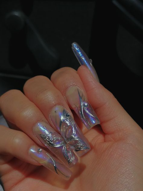 Butterfly Nails Aesthetic, Blue Fairy Nails, Txt Nails, Butterflies Nails Acrylics, Blue Butterfly Nails, Blue Prom Nails, Flame Nail Art, City Nails, Blue Nail Art