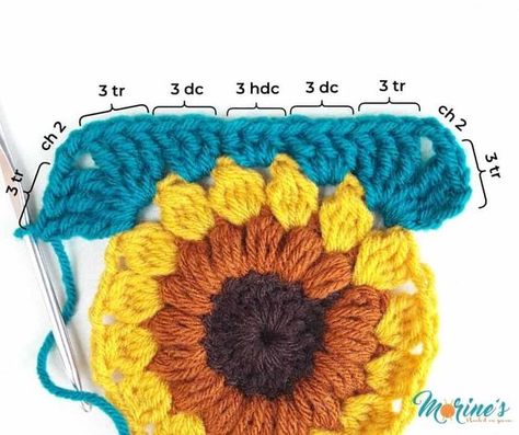 Granny Square Crochet Pattern Sunflower, Granny Sunflower Squares, Crochet Sunflower Granny Square Bag Pattern Free, Crochet Sunflower Bag Free Pattern, Sunflower Crochet Projects, Sunflower Crochet Granny Square, How To Crochet A Sunflower, Sunflower Granny Square Pattern Free, Sunflower Square Crochet Pattern