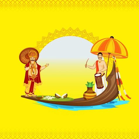 Illustration Of South Indian Drummer With King Mahabali Character, Traditional Pot And Vallam Kali On Yellow Background For Onam Festival. Onam Background Png, Onam Background Images For Editing, Onam Poster Design Background, Onam Background Design, South Indian Background, Onam Background Images, Onam Wallpaper, Onam Background, Onam Illustration