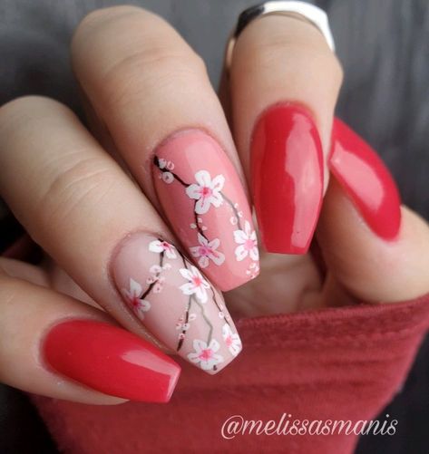 Cherry Blossom Nails Design, Nail Art Fleur, Cherry Blossom Nails Art, Cherry Nail Art, Cherry Blossom Nails, Nail Appointment, Floral Nail Designs, Cherry Nails, Colorful Nails