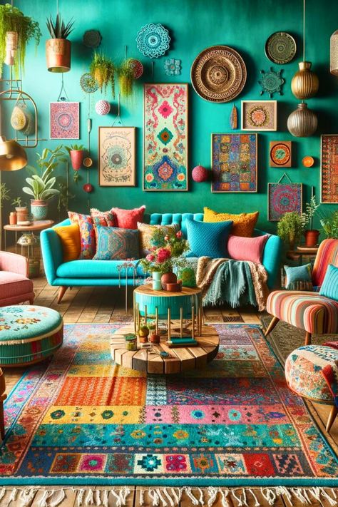 Boho Bonus Room Ideas, Bright Colored Living Room, Bohemian Maximalist Decor, Bohemian Modern Living Room, Boho Colorful Living Room, Bright Boho Living Room, Bohemian Decorating Ideas, Boho Glam Living Room, Eclectic Boho Home