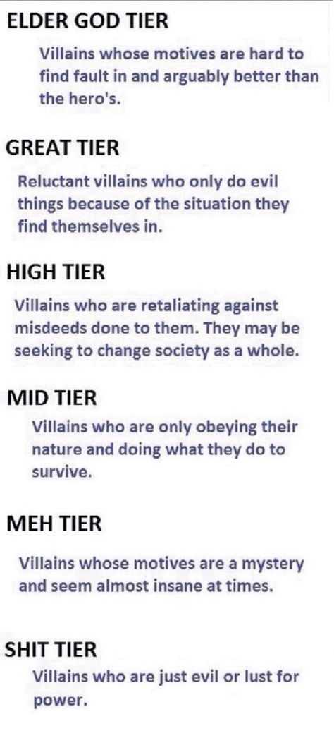 I choose to add a regular god tier of villains with good motives but basically still kill people Good Villain Backstory, Villain Backstory, Good Villain, Villian Inspiration, Villain As Main Character, Villain Plot Ideas, Hero To Villain, Things To Add To Your Story, Villain Backstory Ideas