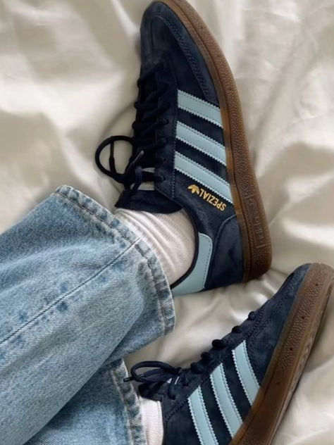 Adidas Spezial Dark Blue with Light Blue Accents  #shoes #adidas #spezial #autumnoutfits #fallfits #summerfits #shoeinspo #celebstyle #bellahdid #pilates #ootd Dark Blue Spezial Adidas, Cool Blue Shoes, Navy Blue Spezial, Adidas Spezial Shoes, Light Blue Spezial, Navy Blue Adidas Spezial Outfit, Adidas Spezial Aesthetic, Blue Adidas Sneakers, Dark Blue Things