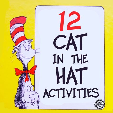 12 cat in the hat activities for kids to celebrate Dr. Suess Birthday on March 2nd! Cat In The Hat Activities, Preschool Dr Seuss, Dr Seuss Preschool, Dr Seuss Classroom, Dr Seuss Crafts, Dr Seuss Activities, Dr Seuss Theme, Seuss Classroom, Seuss Crafts