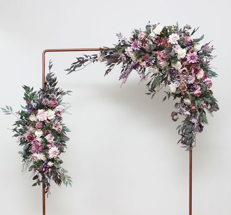 "The flower arrangements are created from artificial flowers and greenery of high quality. Bouquets and accessories here: https://www.etsy.com/listing/1135830024/boho-bouquet-mauve-purple-cream-flowers?show_sold_out_detail=1&ref=nla_listing_details All dimensions are total length or width. Size of corner arrangement - 30\" * 30 \"  ( 75*75 cm) The length of the straight arrangement - 30\" ( 75 cm) Thanks for visiting!" Flower Archway, Faux Flowers Wedding, Arch Arrangement, Floral Archway, Aisle Runners, Mauve Wedding, Bridal Bouquet Fall, Flower Arch, Boho Wedding Flowers