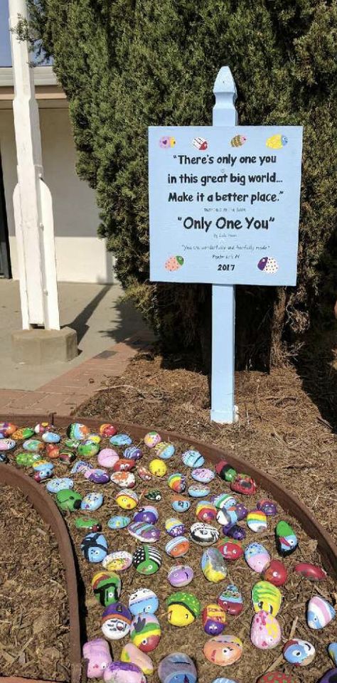 School Rock Garden, Kindness Rock Garden Sign, Kindness Garden, Pebble Path, Sheep Barn, Gardening Club, Rock Floor, Spiritual Garden, Park Ideas