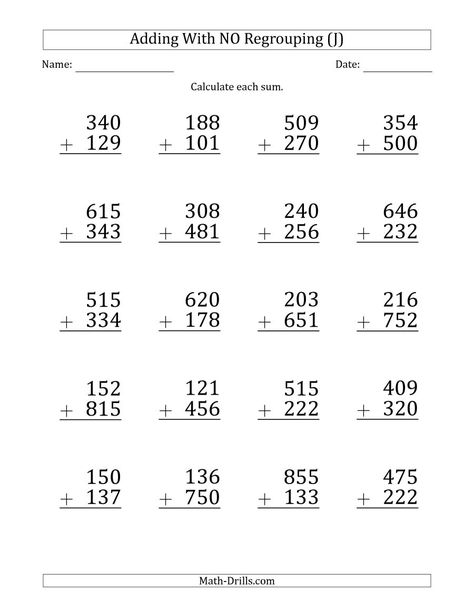 The Large Print 3-Digit Plus 3-Digit Addition with NO Regrouping (J) Math Worksheet First Grade Homework, Subtraction With Regrouping Worksheets, Third Grade Worksheets, Math Division Worksheets, Third Grade Math Worksheets, Islamic School, Math Fact Worksheets, Addition Worksheet, Homework Sheet