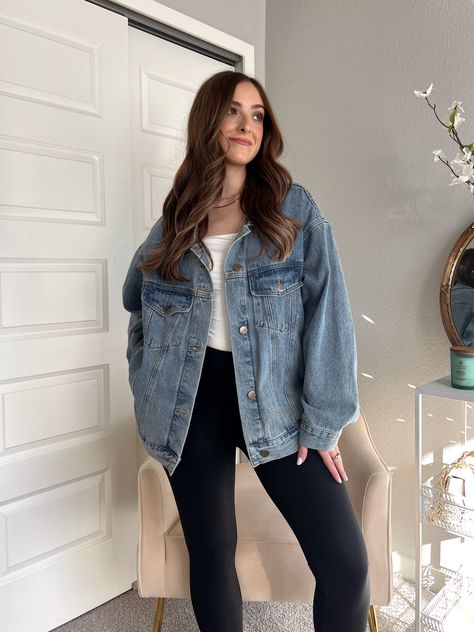 The Iris denim jacket in medium wash is perfection - a slouchy, oversized, boxy fit, featuring metal front buttons, large side pockets, chest pockets, and perfect sleeve length! Whether you're dressing up or staying casual, you've got year-round style with this must-have piece! 100% Cotton Color: Medium wash Oversized fit Boxy cut Metal buttons Collared Large side pockets Chest pockets True to size Wash cold Hang to dry 5'5" - Bust: 34" - Waist: 26" Wearing a size small *Denim looks slightly dif Oversized Blue Denim Jacket Outfit, Winter Outfit With Denim Jacket, Fall Outfits Denim Jacket, Over Size Jean Jacket Outfit, How To Style Oversized Denim Jacket, Big Jean Jacket Outfits, Fall Denim Jacket Outfit, How To Style Denim Jacket, Oversize Denim Jacket Outfit