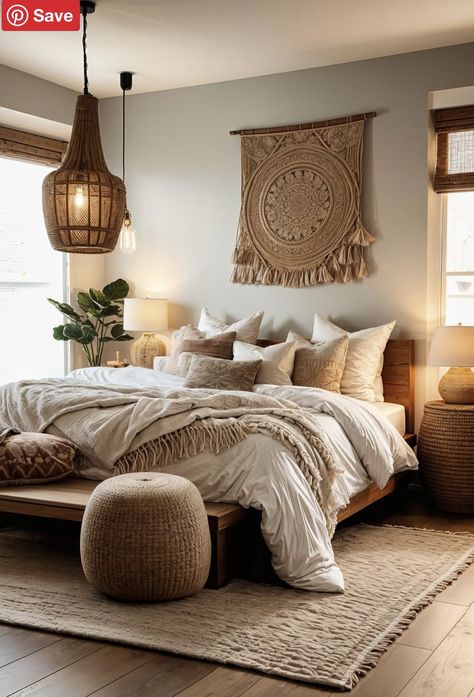 Light Bohemian Bedroom, Bedroom Interior Boho, Beige Boho Bedroom, Bedroom Alt, Terracotta Bedding, Neutral Boho Bedroom, Cozy Boho Bedroom Ideas, Boho Style House, Neutral Bedroom Design