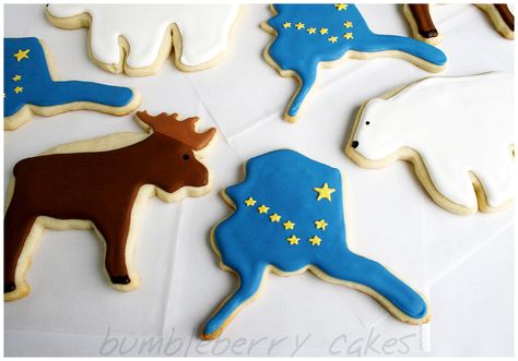 Alaska cookies Alaska Themed Party Ideas, Alaskan Decor, Alaska Party, Alaskan Animals, Pokemon Cookies, Alaskan Wedding, 50th Wedding Anniversary Party, Alaska Wedding, Sugar Cookie Designs