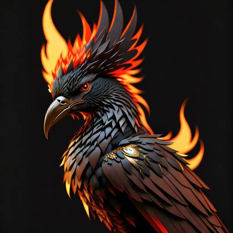 The image is a 3D rendering of a phoenix, a mythical bird that is said to be a symbol of hope and renewal. The phoenix is depicted as a large, majestic bird with black and gold feathers. It has a long, flowing tail and a crest of feathers on its head. The phoenix is surrounded by flames, which are a symbol of its power and strength. The image is set against a black background, which makes the phoenix stand out. The phoenix is looking to the left of the frame, which suggests that it is looking towards the future. The image is a powerful and evocative representation of the phoenix, and it is sure to leave a lasting impression on viewers. Phoenix Digital Art, Phinex Fire Bird, Phoenix Circle, Golden Phoenix Art, Phinex Fire Bird Wallpaper, Mythical Bird, Symbol Of Hope, Mythical Birds, Gold Feathers